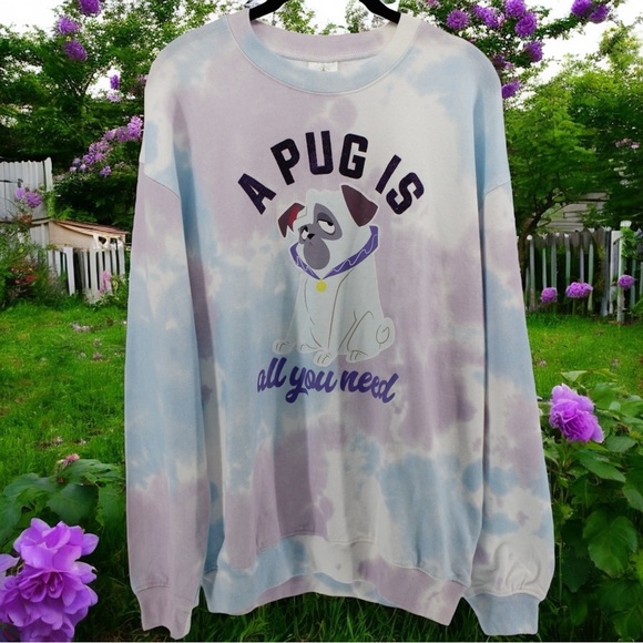 NEW Disney Tie Dye “A Pug is all You Need” Comfy Crewneck Sweater Size L - Picture 1 of 9